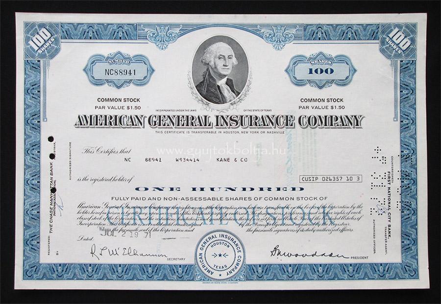 American General Insurance Company 100 r�szv�ny 1971 / biztos�t�s